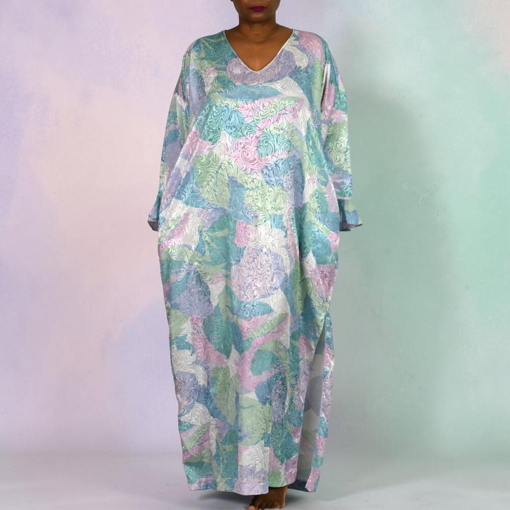 Vintage Mary McFadden Caftan Blue Pastel Silky Satin Lounger Maxi 80s One Size